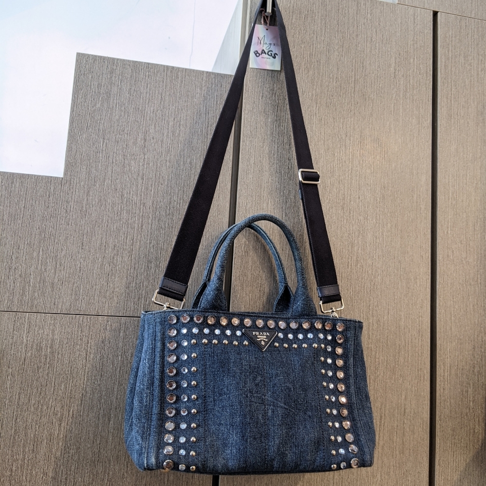 Prada: Denim Rhinestone Bijoux Canapa Crossbody Tote Bag ๐ - Picture 5 of 17